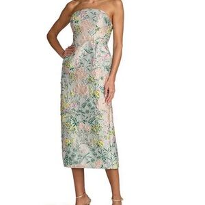 ISO - Mac Duggal Strapless Floral Midi Dress in Mint and Blush